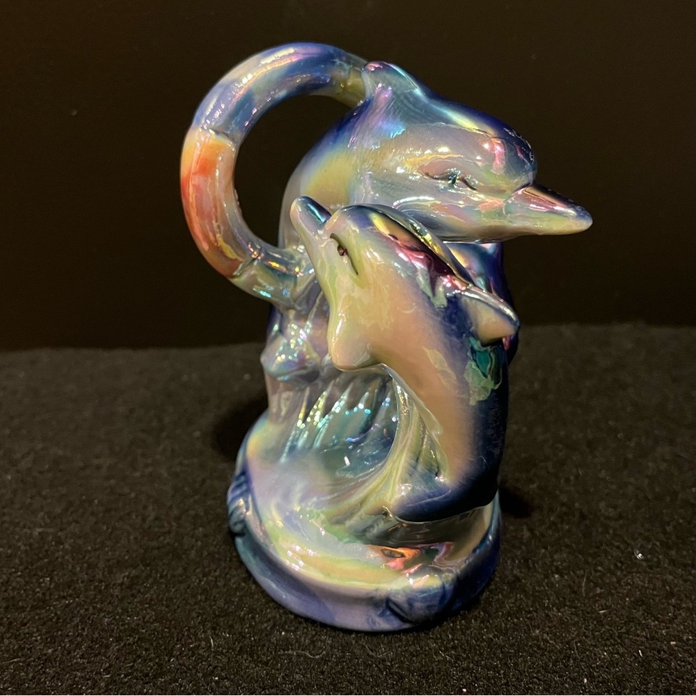 Vintage Dolphins Swimming Through Hoop Iridescent Rainbow Lusterware Figurine - Picture 12 of 12